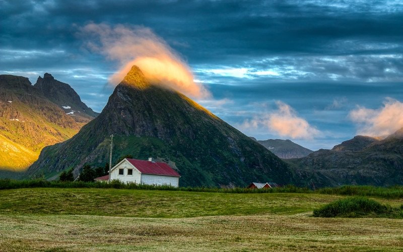 Sun hitting peak in Lofoten