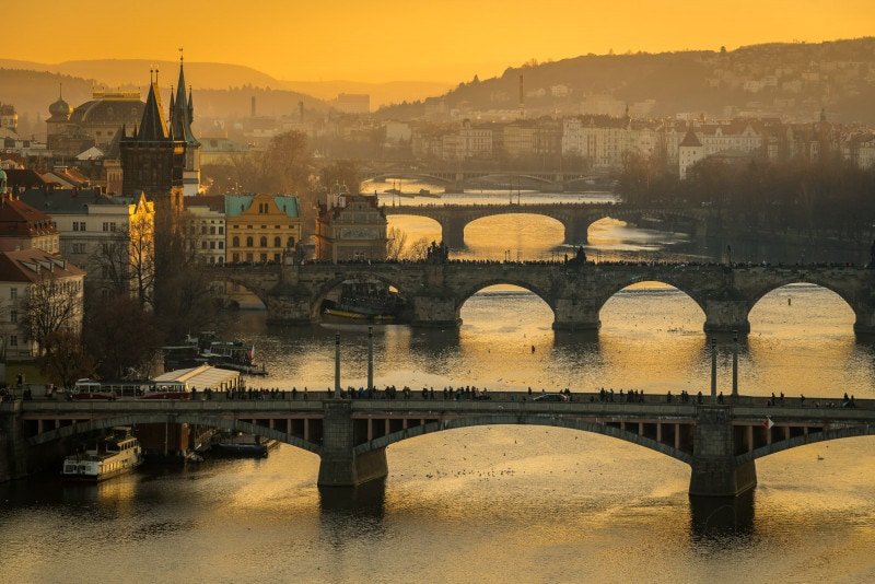 Bridges over Vltava River at sunset