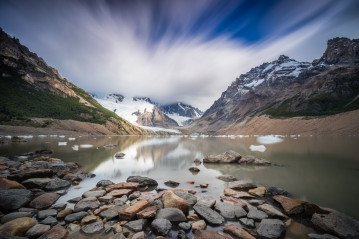 Glacier Laguna Torre with Cerro Torre peak hidden behind clouds, Argentina