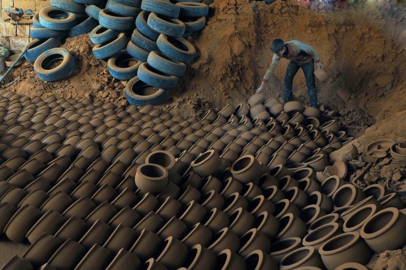 Pots made with clay inside an authentic pottery workshop in Cappadocia, Turkey